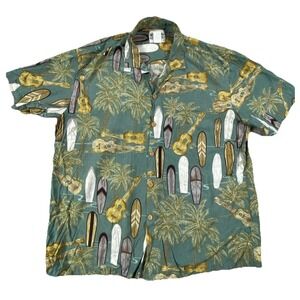 Vintage Diamond Head Camp Shirt Men L Green Surfboards Print Hawaiian Button Up